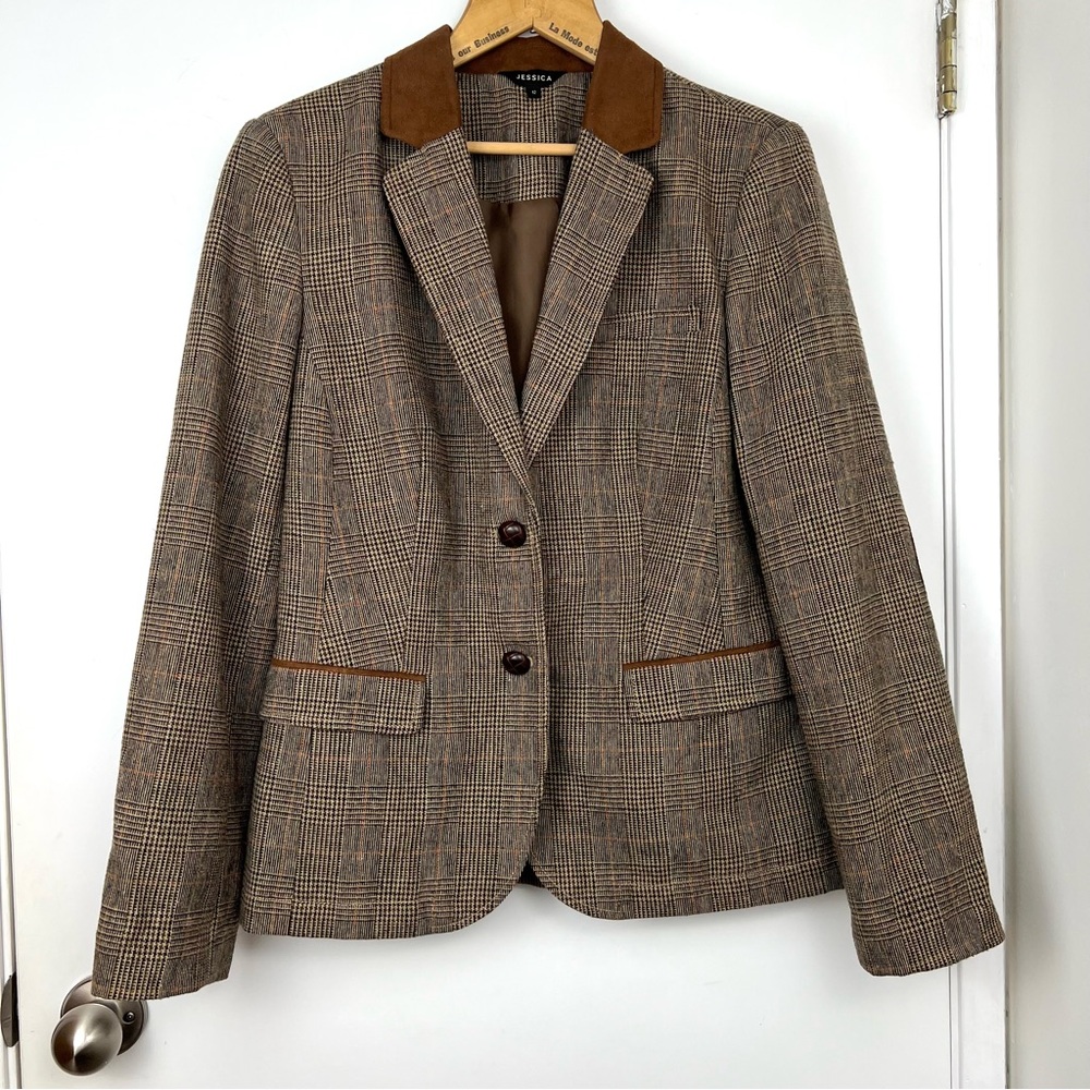 Jessica Almost Vintage Elbow Patch Blazer size 12 Brown Houndstooth Plaid Y2K